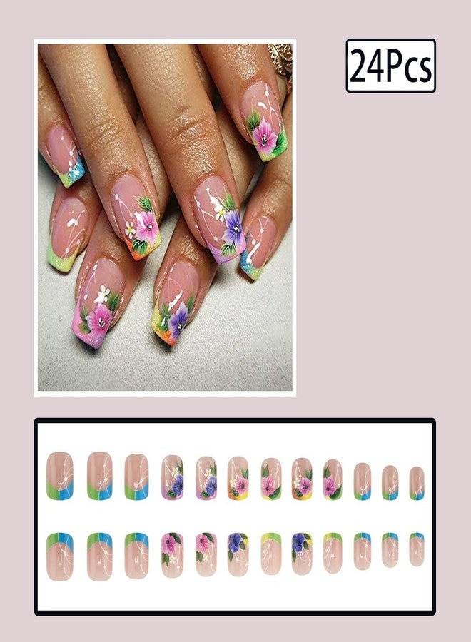 HJKDSFD Spring Press on Nails Short Square Fake Nails Colorful French Tip Acrylic Nails Press on Flower False Nails Full Cover Stick on Nails Reusable Artificial Glue on Nails for Women Girls 24Pcs - Image 2